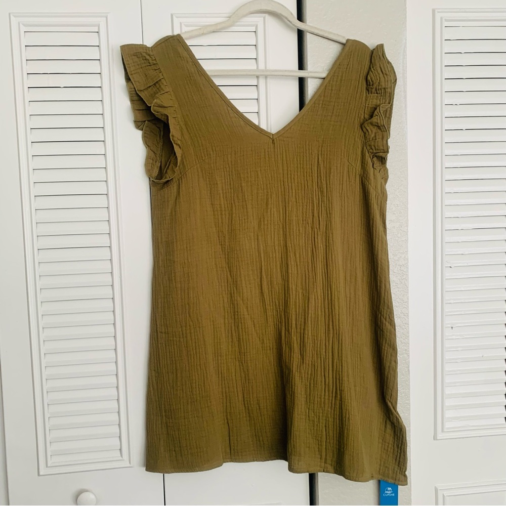 CUPSHE Olive Green Textured V-neck Dress Cover Top with Ruffled Cap Sleeves Sz L